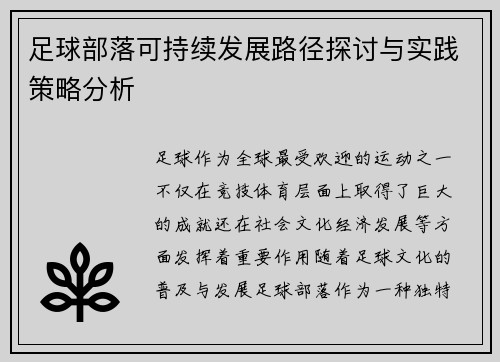 足球部落可持续发展路径探讨与实践策略分析
